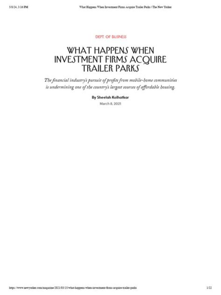 What happens when investment firms trailer parks?