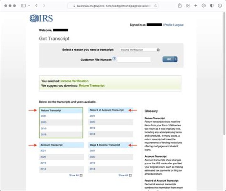 What kind of transcript can I get from the IRS?