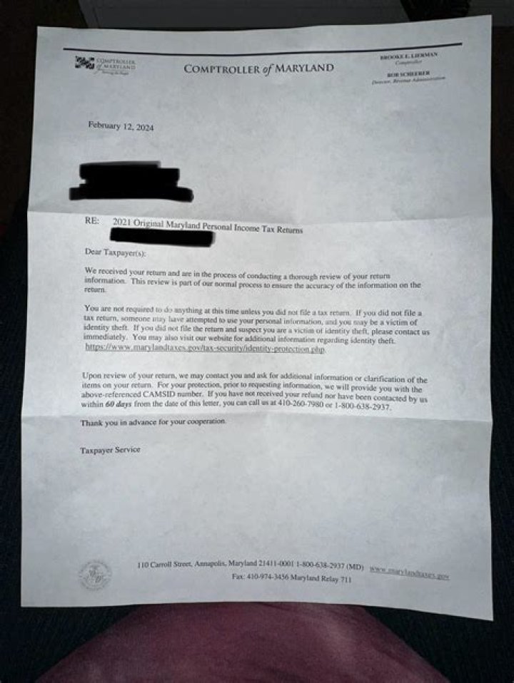 Why did I get a letter from Comptroller of Maryland?