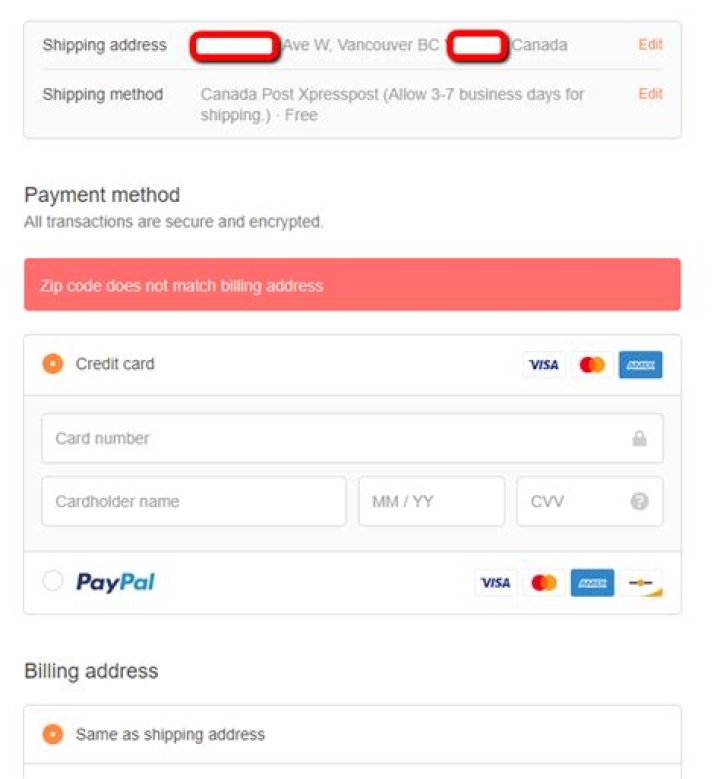 Why does it keep saying zip code does not match billing address?